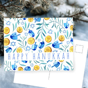 Carte Postale Joyeux Hanukkah Driedel Gelt Aquarelle PERSONNALIS