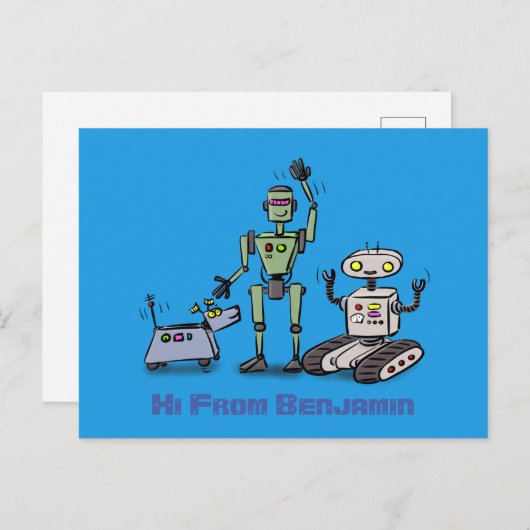 Carte Postale Joyeux joli robot trio dessin sur arrière - plan b (Devant / Derrière)