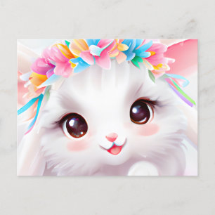 Carte Postale Joyeux lapin bébé avec fleurs et arc-en-ciel