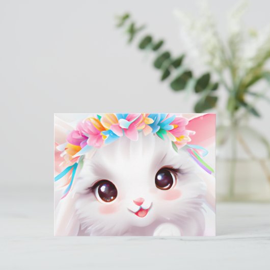 Carte Postale Joyeux lapin bébé avec fleurs et arc-en-ciel (Debout devant)