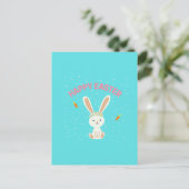 Carte Postale Joyeux lapin blanc de Pâques sur bleu (Debout devant)