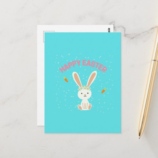 Carte Postale Joyeux lapin blanc de Pâques sur bleu (Devant/Arrière en situation)