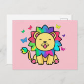Carte Postale Joyeux lion souriant avec des papillons. (Devant / Derrière)