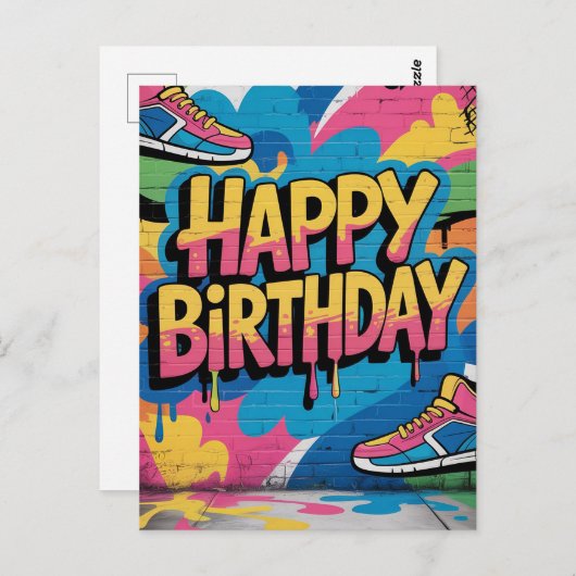 Carte Postale Joyeux mur de graffitis d'anniversaire avec Basket (Devant / Derrière)