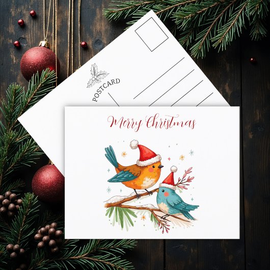 Carte Postale Joyeux Noël à deux oiseaux aimants
