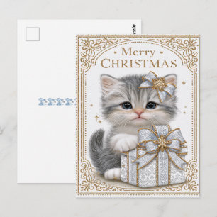 Carte Postale Joyeux Noël Adorable Chaton Rubans Bleus