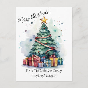 Carte Postale Joyeux Noël Aquarelle Arbre de Noël et Cadeau