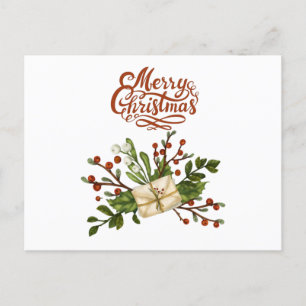 Carte Postale Joyeux Noël aquarelle Holly Berry et lettres