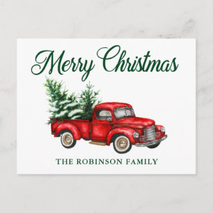 Carte Postale Joyeux Noël Aquarelle Vintage Camion rouge