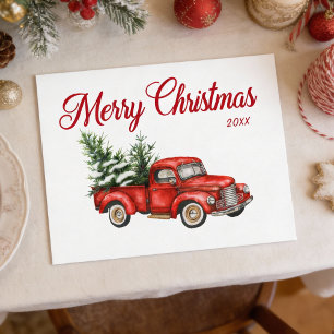 Carte Postale Joyeux Noël Aquarelle Vintage Camion rouge Année
