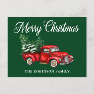 Carte Postale Joyeux Noël aquarelle Vintage Camion rouge vert