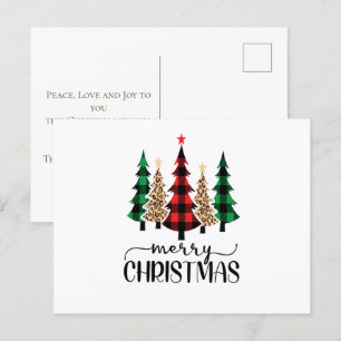 Carte Postale Joyeux Noël Arbres à carreaux rouges verts et noir