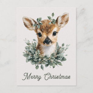 Carte Postale Joyeux Noël au faon mignon - Faon à l'aquarelle