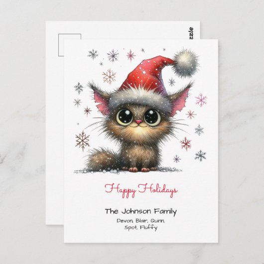 Carte Postale Joyeux Noël avec un chat mignon avec un chapeau de (Devant / Derrière)