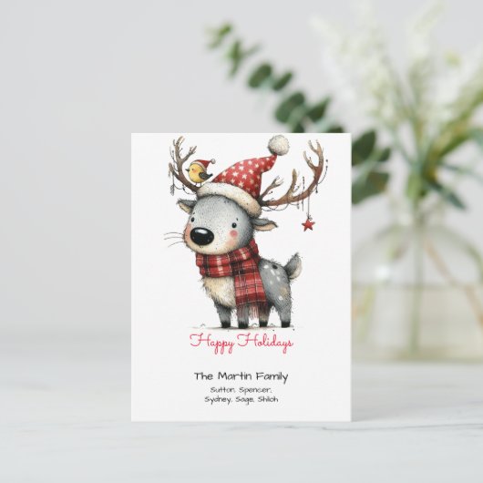 Carte Postale Joyeux Noël avec un renne mignon avec un chapeau d (Debout devant)