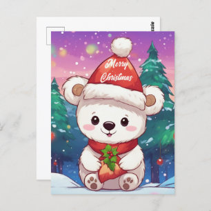 Carte Postale Joyeux Noël Blanc bébé Ours polaire