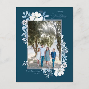 Carte Postale Joyeux Noël bleu aquarelle Fleur Cadre foncé