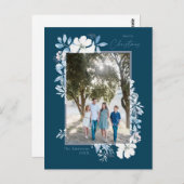 Carte Postale Joyeux Noël bleu aquarelle Fleur Cadre foncé (Devant / Derrière)