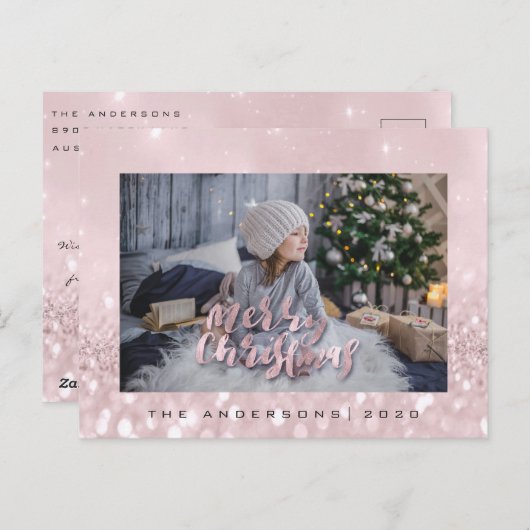 Carte Postale Joyeux Noël Blush Gold Spark Parties scintillant p (Devant / Derrière)