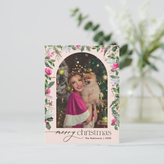 Carte Postale Joyeux Noël Blush Pink Green Arch Holiday (Debout devant)