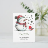 Carte Postale Joyeux Noël Bonhomme de neige mignon et oiseau rou (Debout devant)