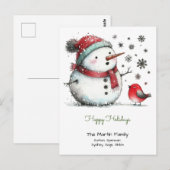Carte Postale Joyeux Noël Bonhomme de neige mignon et oiseau rou (Devant / Derrière)