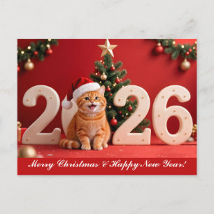 Carte Postale Joyeux Noël & Bonne Année, Chat Père Noël Rouge