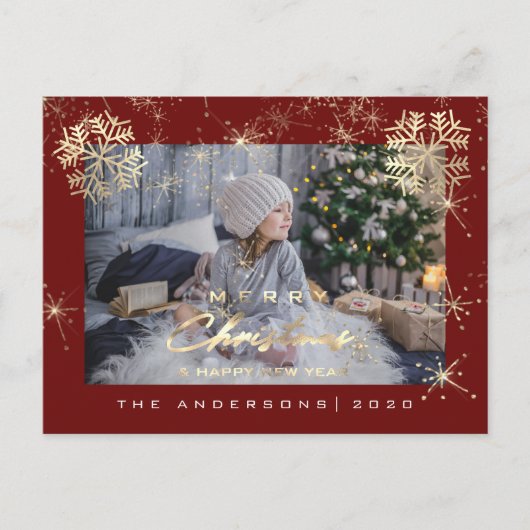 Carte Postale Joyeux Noël Bonne Année Gold Snow Maroon Photo (Devant)