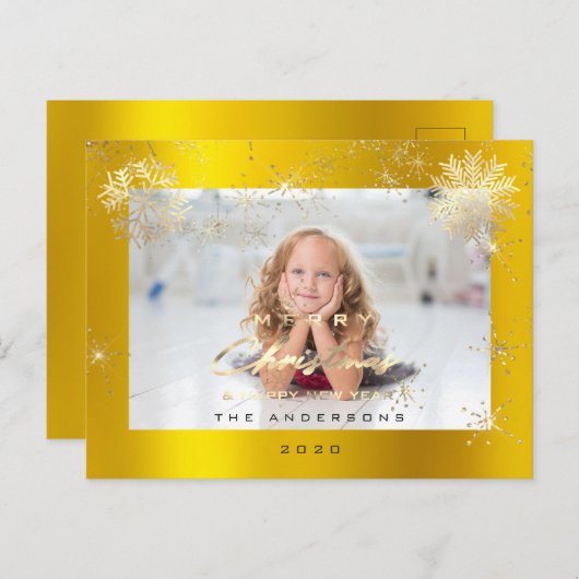Carte Postale Joyeux Noël Bonne Année Gold Snow Spark Photo (Devant / Derrière)