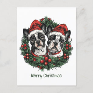 Carte Postale Joyeux Noël Boston Terrier Chiens de vacances Wrea