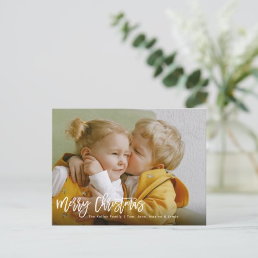 Carte Postale Joyeux Noël Brush Script White Holiday Photo (Debout devant)