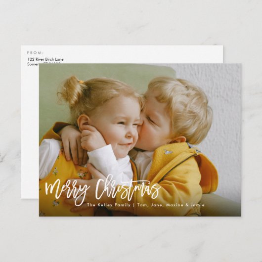 Carte Postale Joyeux Noël Brush Script White Holiday Photo (Devant / Derrière)