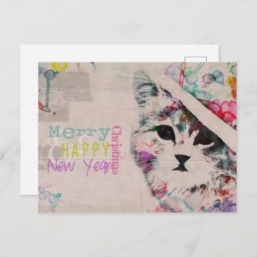 Carte postale Joyeux Noël Chat Aquarelle (Devant / Derrière)