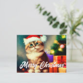 Carte Postale Joyeux Noël chat santa claus (Debout devant)