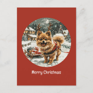 Carte Postale Joyeux Noël Chien de rennes de Poméranie