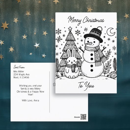 Carte Postale Joyeux Noël couleur moi | Snowman et Bunny