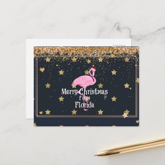 Carte Postale Joyeux Noël de Floride, Père Noël Flamant rose (Devant/Arrière en situation)