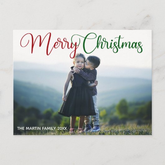 Carte Postale Joyeux Noël Élégant Rouge Vert Script Photo (Devant)