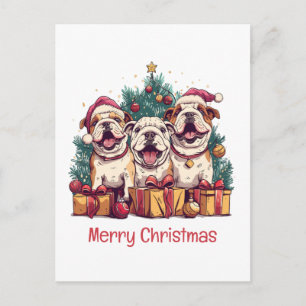 Carte Postale Joyeux Noël English Bulldog Chapeaux de Père Noël