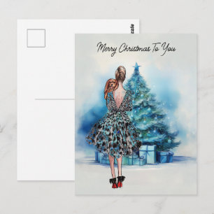 Carte Postale Joyeux Noël femme et sapin de Noël bleu
