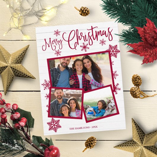 Carte Postale Joyeux Noël Flocon Rustique 3 Photos Collage