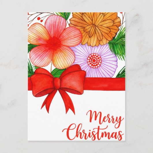 Carte Postale Joyeux Noël floral - Bow rouge et fête (Devant)