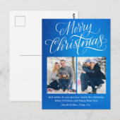 Carte Postale joyeux Noël fun script 2 photos bleu fête (Devant / Derrière)