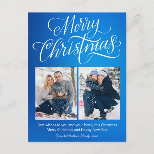Carte Postale joyeux Noël fun script 2 photos bleu fête (Devant)