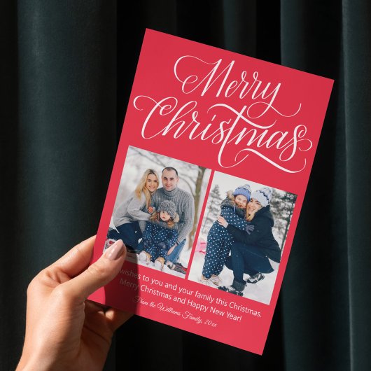 Carte Postale joyeux Noël fun script 2 photos rouge fête