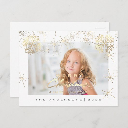 Carte Postale Joyeux Noël Joyeuse Année Or Neige Blanche Photo (Devant / Derrière)