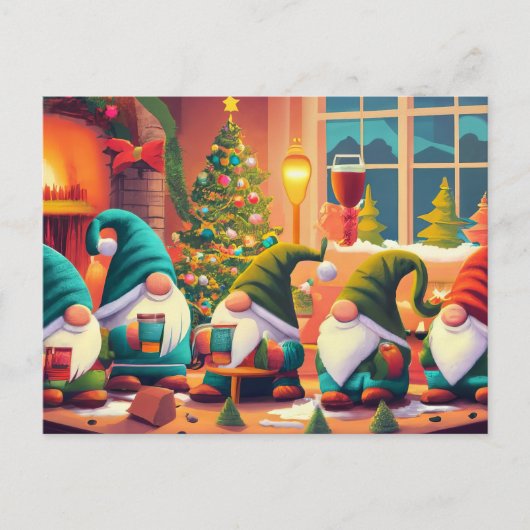 Carte Postale Joyeux Noël, les gnomes boivent des boissons de No (Devant)