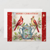 Carte Postale Joyeux Noël mignon Aquarelle Cardinal (Devant / Derrière)