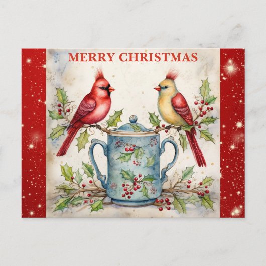 Carte Postale Joyeux Noël mignon Aquarelle Cardinal (Devant)