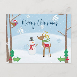 Carte Postale Joyeux Noël mignon dessin Snowman Reindeer